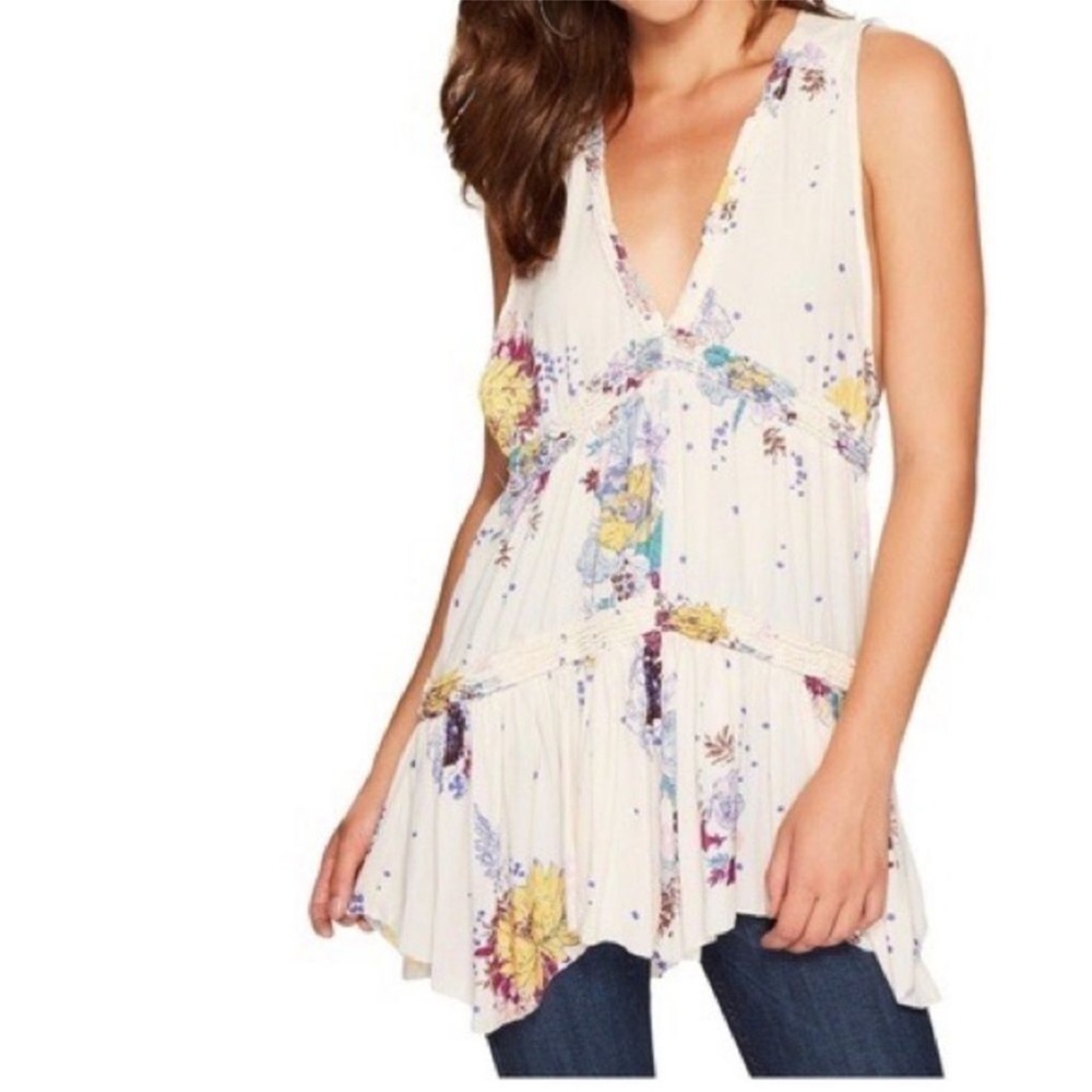 Free People Purple Haze Floral Tiered Tunic Top Size Small - Picture 2 of 11